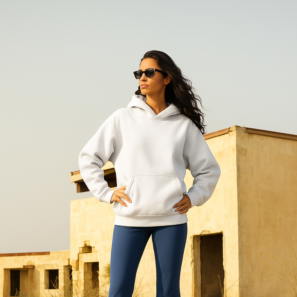 Woman wearing a white hoodie and blue pants standing in front of an old building.