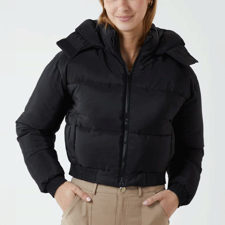 Black Cropped Hooded Puffer Jacket