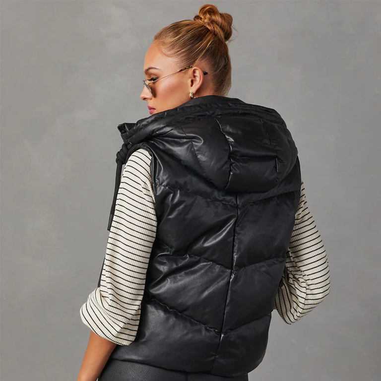 Black Faux Leather Hooded Puffer Vest