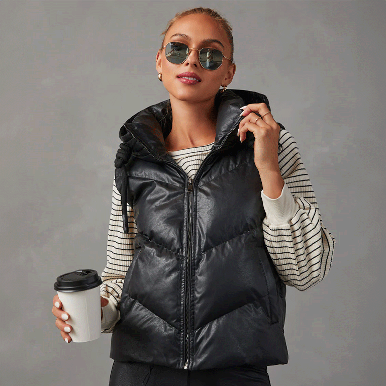 Black Faux Leather Hooded Puffer Vest